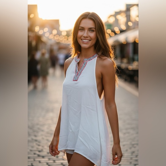 BKE Tops - BKEred High Neck Aztec Pattern Open Back Tank White Large